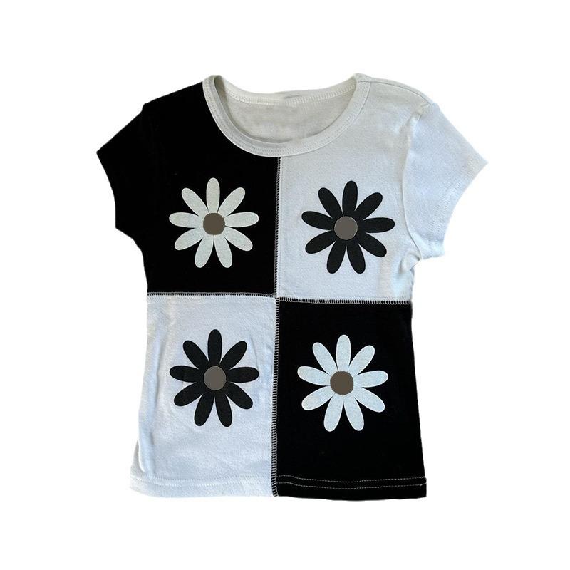 乐天商城 - Tシャツ レディース トップス 半袖 菊花柄 プリント 切り替え スリムフィット セクシー ショート丈 クルーネック 白 夏秋 ストリート 欧米風 カジュアル ポリエステル 普段使い