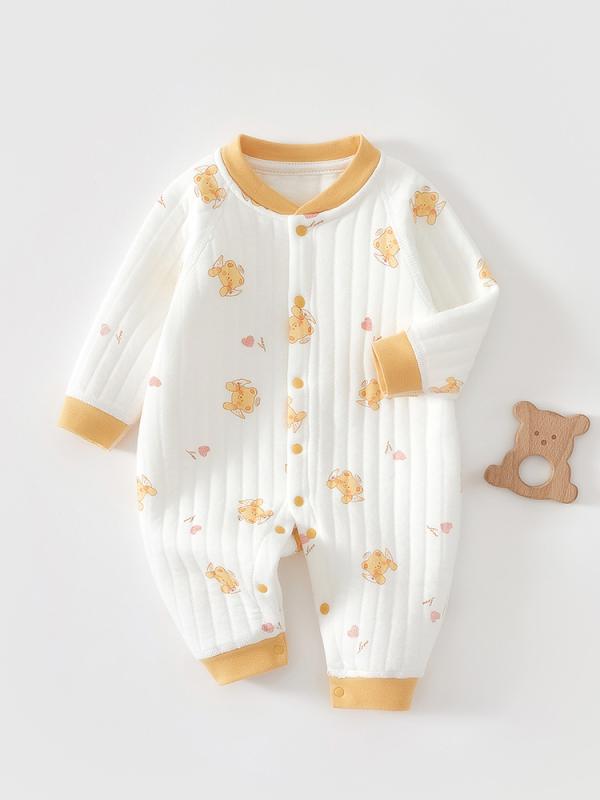 ベビー ロンパース 男の子 女の子 新生児 長袖 コットン 保温 厚手 肩無骨 ボタン 秋冬 部屋着 寝間着 肌着 カジュアル ピンク イエロー ブルー かわいい 動物プリント