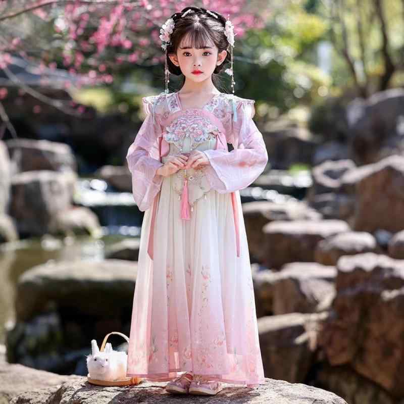 Yukata （Boys） - 漢服 キッズ 女の子 襦裙 プリンセス お姫様 ワンピース ドレス 古風 唐装 フェミニン シフォン ポリエステル 薄手 柔らかい 軽やか ふわふわ かわいい 無地 碧 春夏