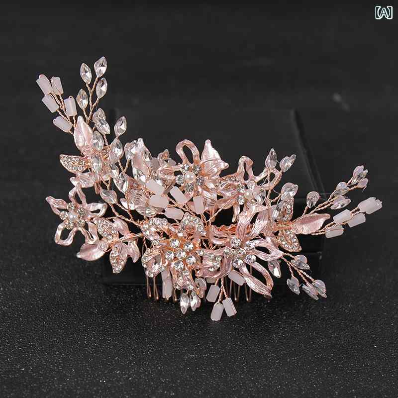 bloomelierのヘアアクセサリー レディース パール ラインストーン ローズゴールド 花モチーフ コーム 髪飾り ヘッドドレス ブライダル 結婚式 高級感｜アングル2