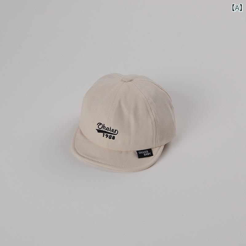 ・製品カテゴリ: ベースボールキャップ・カラー: ベージュ, アプリコット, カーキ, ダークグレー, キャラメル, ブラック, ネイビー・サイズ: 生後約8-24ヶ月向け (推奨頭囲44-48cm)・つば: 短いつば・トップ: ラウンドトップ・機能: UVカット, 通気性, 保温性, 日よけ・スタイル: 幅広いコーディネート, カジュアル, スポーツ, シンプル, 欧米風・素材: コットン100%・加工: 刺繍・デザイン要素: 文字, 数字