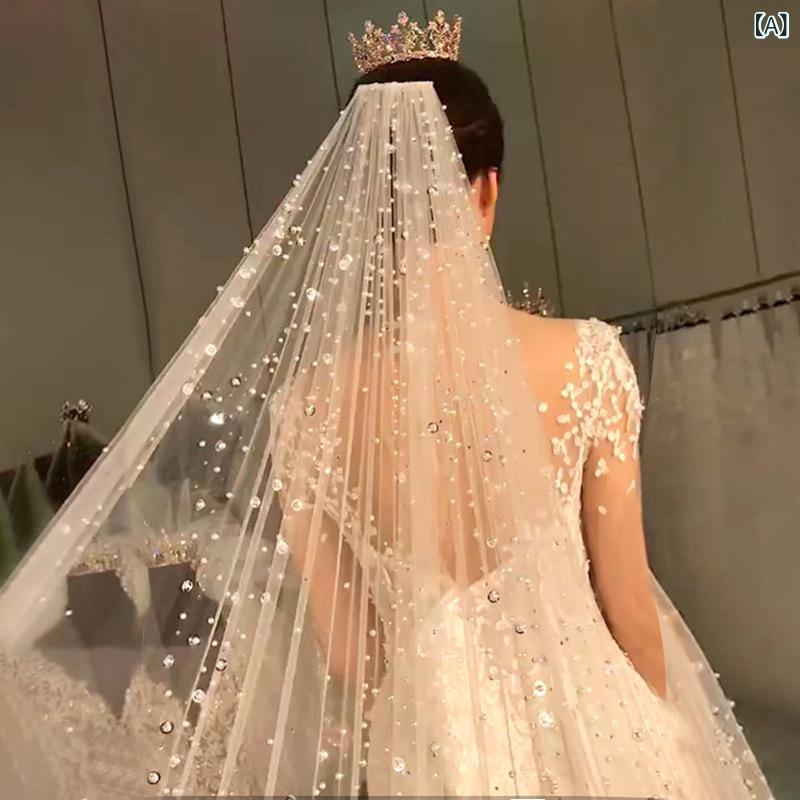 ・カテゴリ: ベール・スタイル: 韓国風・対象: 女性用・種類: 大聖堂式・素材: ソフトチュール・カラー展開: 乳白色パールラメ、シャンパン色パールラメ・長さ: 175cm以上・幅: 3m