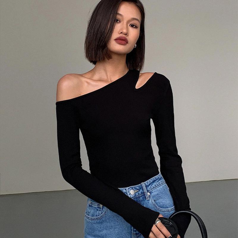 Rakuten - Tシャツ レディース 長袖 オフショルダー ワンショルダー 切り替え 無地 タイト クロップド インナー 美シルエット 春夏 通勤 きれいめ ブラック ストレッチ