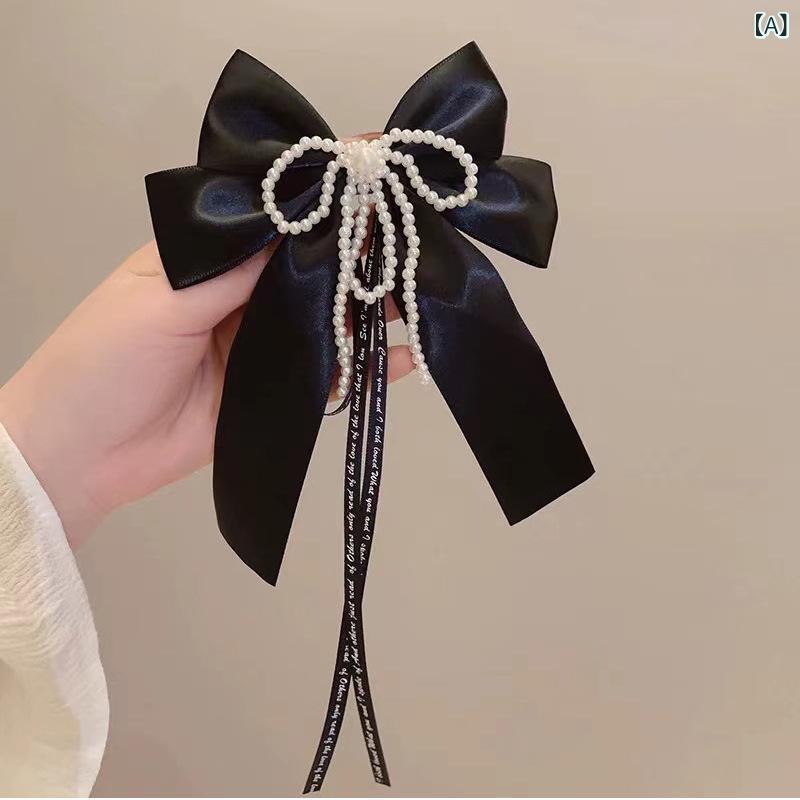 ヘアアクセサリー レディース バレッタ サテン調 フェイクパール ビッグリボン 高...