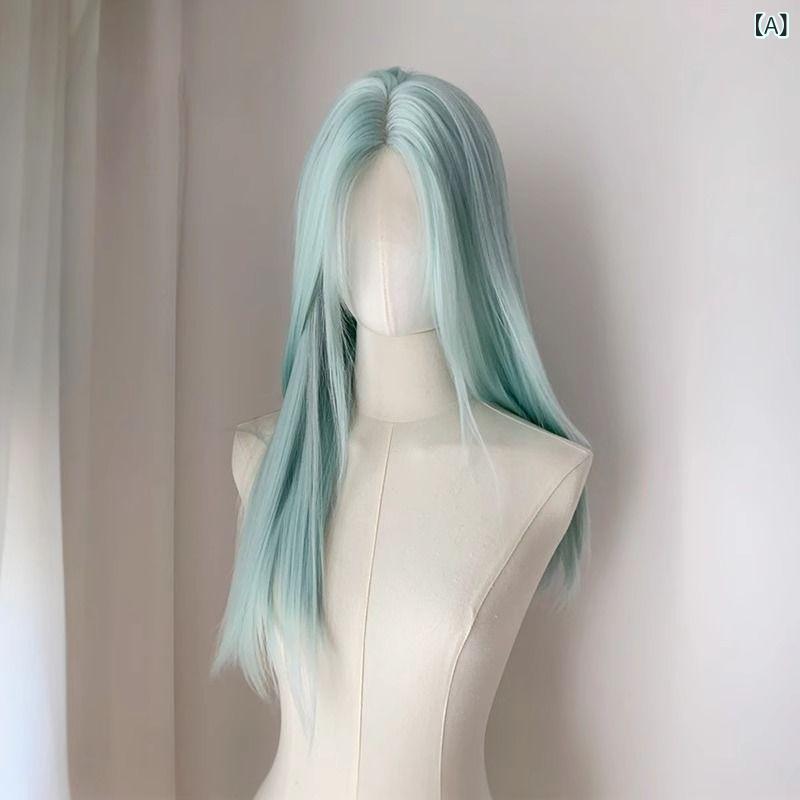 bloomelierのフルウィッグ レディース ストレート ロング 接触冷感 ミントグリーン JK風 かわいい コスプレ用｜アングル2