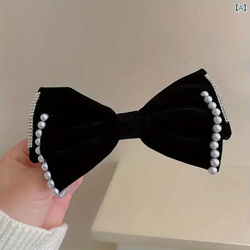 Rakuten - ヘアアクセサリー レディース バレッタ ベルベット リボン 蝶結び 髪留め 髪飾り パール ビジュー 赤 黒 上品 かわいい 秋物 ギフト