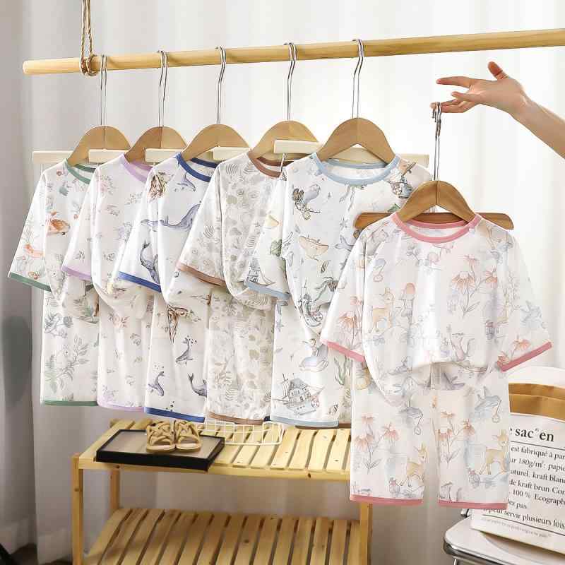 乐天商城 - キッズパジャマ 男女兼用 接触冷感 通気性 薄手 再生繊維 コットン ルームウェア 七分袖 部屋着 春夏秋