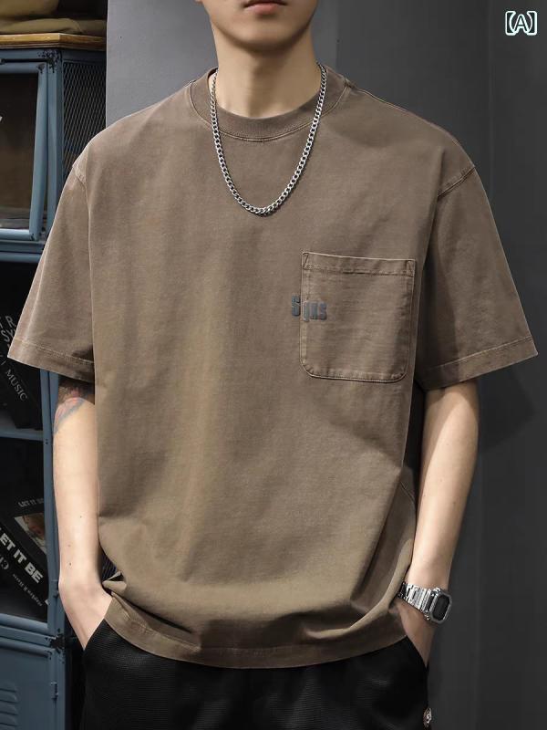 乐天商城 - Tシャツ メンズ 半袖 アメリカンレトロ ヴィンテージ風 無地 ポケット付き ゆったり クルーネック 綿 通気性 吸汗速乾 カジュアル 春夏