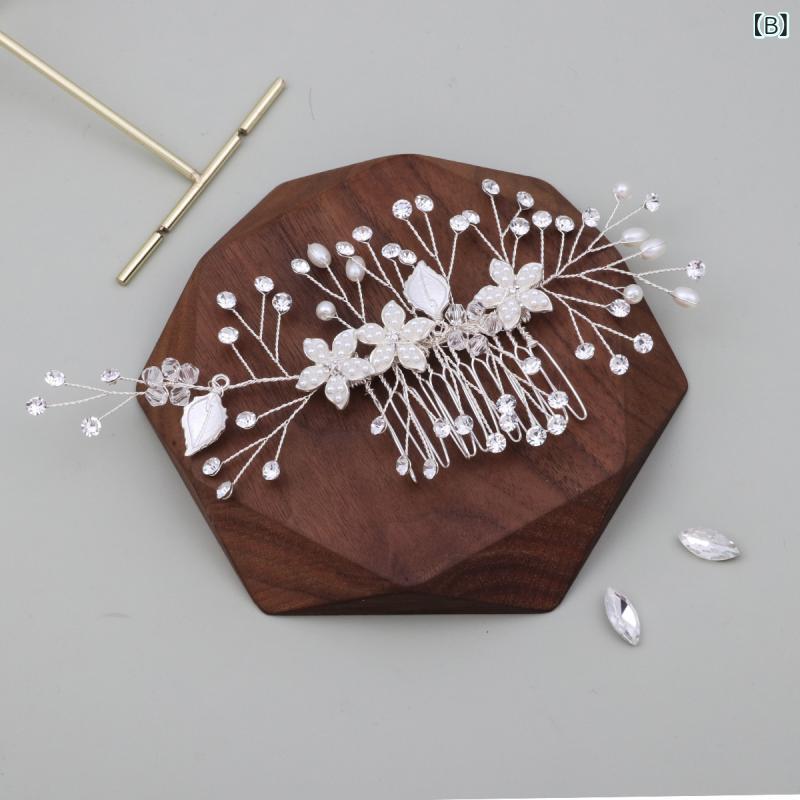 bloomelierのヘアコーム レディース ハンドメイド パール ジャスミン フラワー 合金 リーフ ジルコニア ウェディング 髪飾り まとめ髪｜アングル3