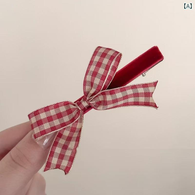 Rakuten - ヘアクリップ レディース リボン 格子柄 レッド かわいい 髪留め 上品 カジュアル おしゃれ 日常使い 通勤用 髪飾り まとめ髪 ヘアアレンジ