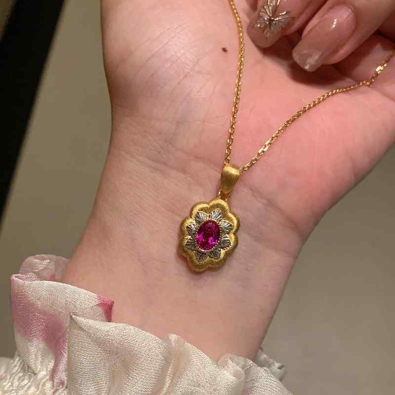 ネックレス 男女兼用 八芒星 ペンダント ヴィンテージ レトロ 幾何学 楕円 レッドストーン マット加工 電気メッキ加工 金属製 アクセサリー