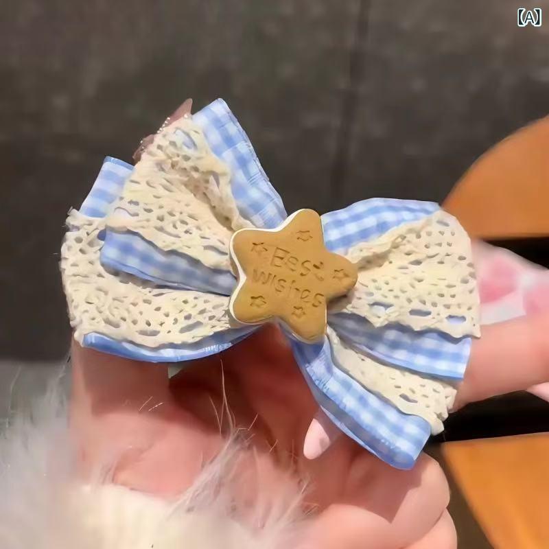 ヘアクリップ レディース かわいい クッキーモチーフ リボン スター レース ブルー 前髪留め サイド