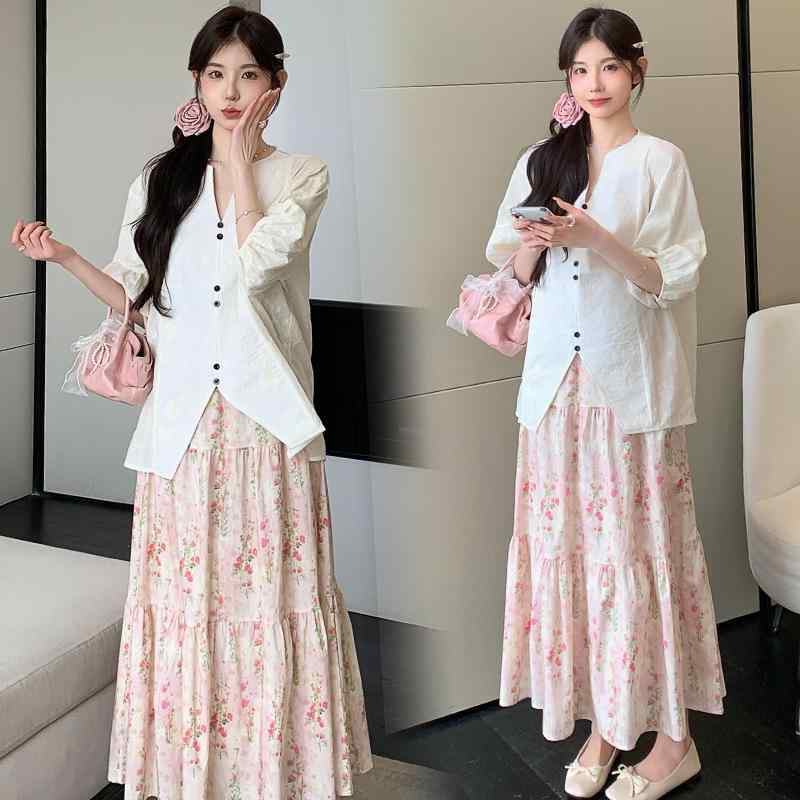 ・カテゴリ: スカートセット・スタイル: スイート・柄: 花柄・袖丈: 五分袖・スカート丈: ロング・袖型: パフスリーブ・装飾: ボタン・主な素材: ポリエステル50-70%、スパンデックス30%以下・サイズ展開: M、L、XL、2XL