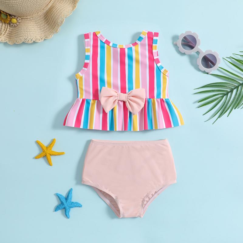 Rakuten - 水着 キッズ ガールズ セパレート 2点セット ストライプ カラフル プリント 高弾力 伸縮性 スイミング ビーチ プール 海水浴
