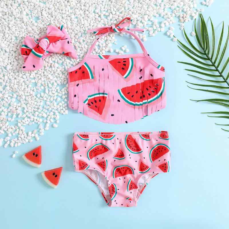 水着 キッズ 女の子 セパレート 3点セット スイカ柄 フリンジ 半袖 キャミソール かわいい スイミング プール 海水浴