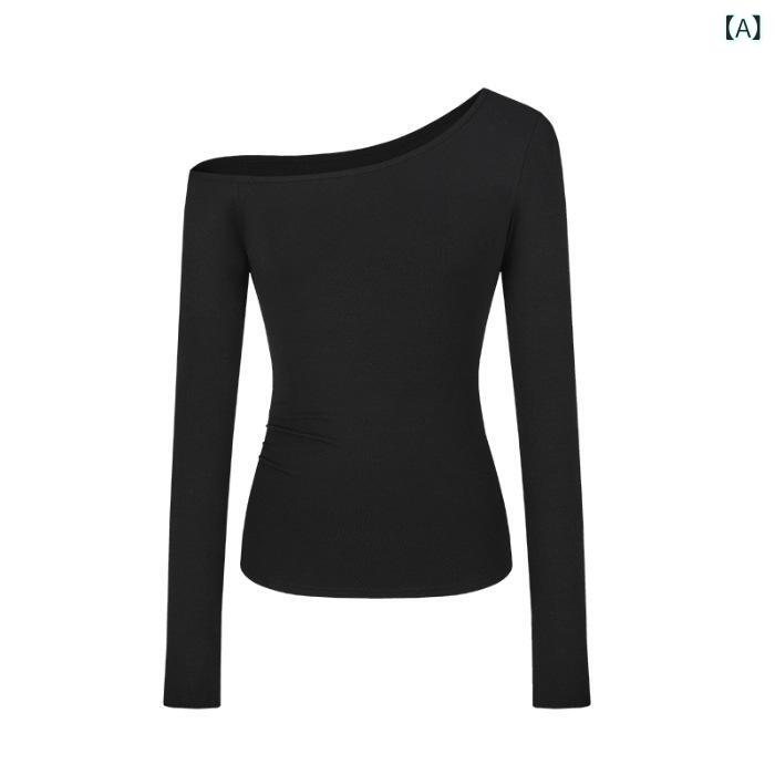 Tシャツ レディース 長袖 オフショルダー 斜めネック タイト スリム 無地 ビスコース ブラック 大人 きれいめ シンプル 美シルエット セクシー