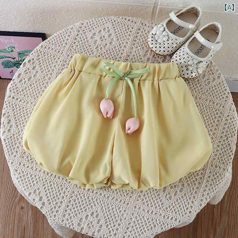 ・カテゴリ: キッズパンツ・スタイル: 韓国風・主な素材: 綿80%・柄: 無地・カラー展開: イエロー、ピンク、黄緑・サイズ展開: 80、90、100、110、120・性別: 女児・対象年齢: 1~3歳・タイプ: 灯籠パンツ・丈: ショート・ウエスト位置: 中腰