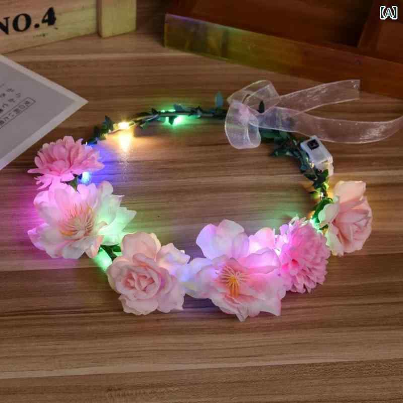 bloomelierのカチューシャ レディース キッズ 女の子 LED発光 3パターン点滅 花冠 森ガール風 カラフル プリンセス 写真撮影 イベント お祭り コスプレ ヘアアクセサリー｜アングル2