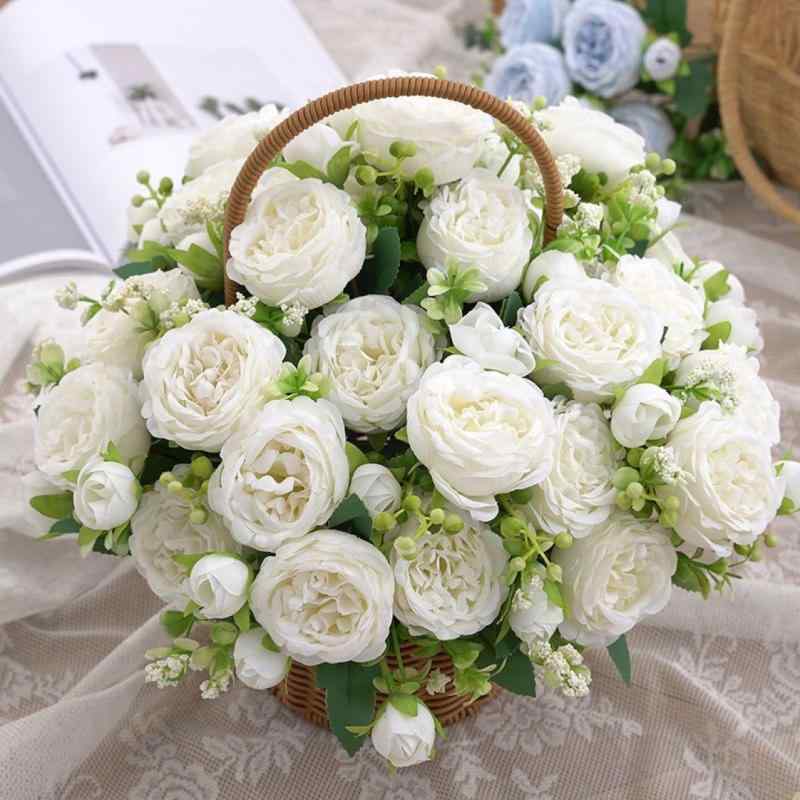 造花 薔薇 バラ ブーケ 結婚式 ウェディング 手持ちブーケ 牡丹 フェイクフラワー インテリア 装飾 飾り物 5本立ち フレンチ風 シルクフラワー プレゼント 記念日 撮影小道具 かわいい ピンク ホワイト