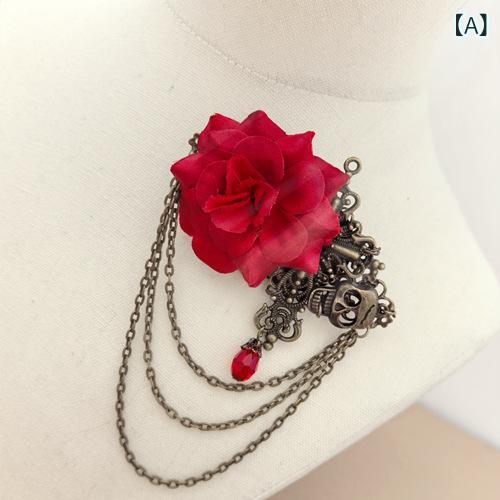 ブローチ レディース ヘアクリップ 2WAY アンティーク調 クロス 薔薇 スカル フリンジ パンク風 アクセサリー 合金