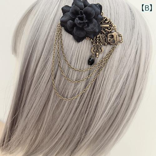 bloomelierのブローチ レディース ヘアクリップ 2WAY アンティーク調 クロス 薔薇 スカル フリンジ パンク風 アクセサリー 合金｜アングル2