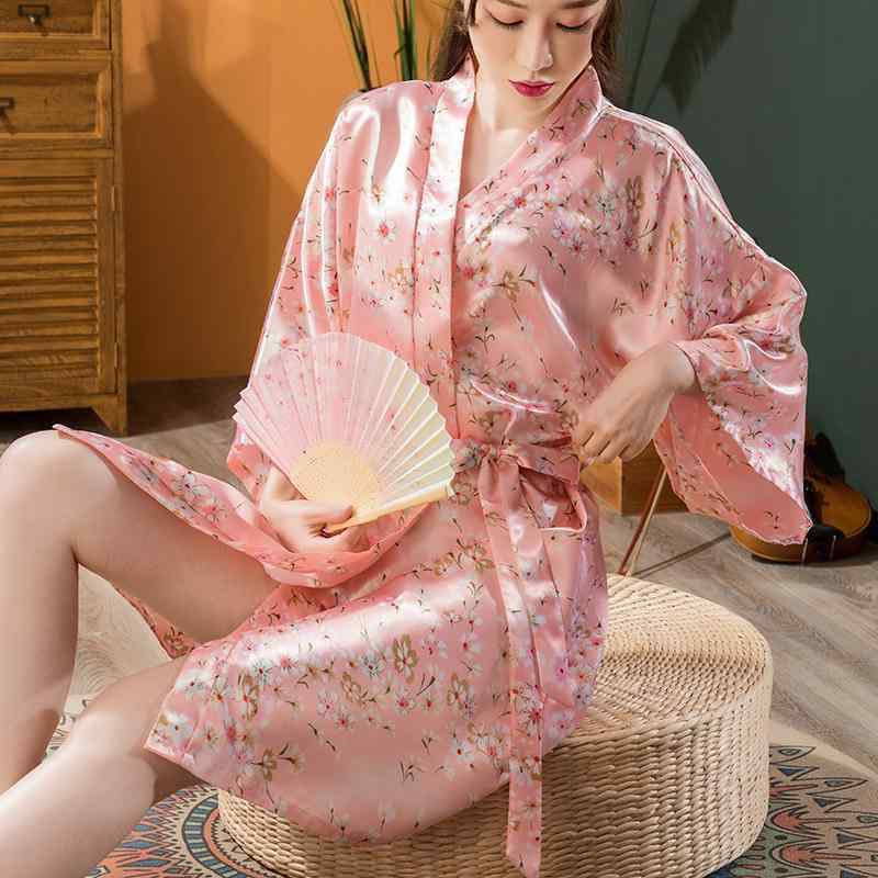 ルームウェア レディース 春夏 ナイトウェア 部屋着 睡袍 浴衣風 和装 カーディガン 花柄 薄手 接触冷感 サテン調 Vネック ピンク グリーン