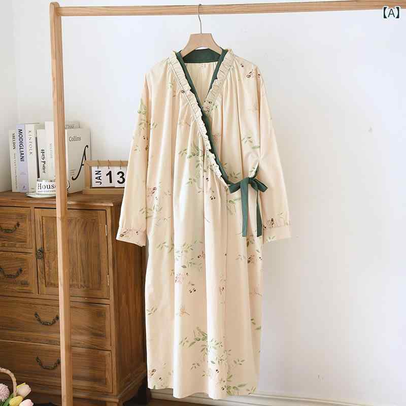 bloomelierのルームウェア レディース 春夏秋 パジャマ 部屋着 綿 二重ガーゼ 長袖 ロング丈 浴衣風 和風 薄手 快適｜アングル2
