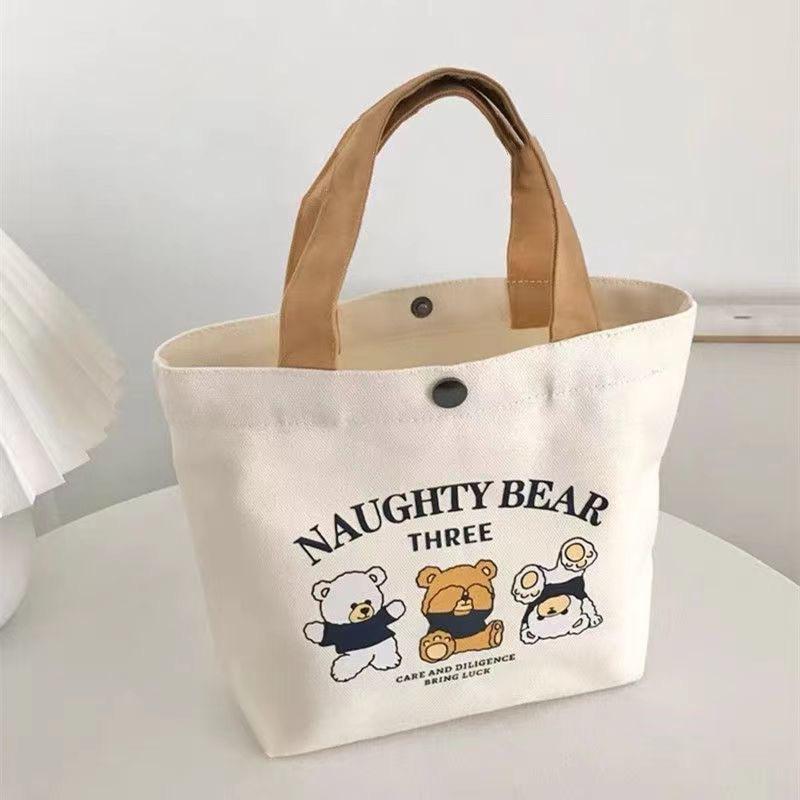 トートバッグ レディース キャンバス ミニバッグ クマ柄 通学 通勤 お弁当袋 軽量 手提げ 小さめ サブバッグ