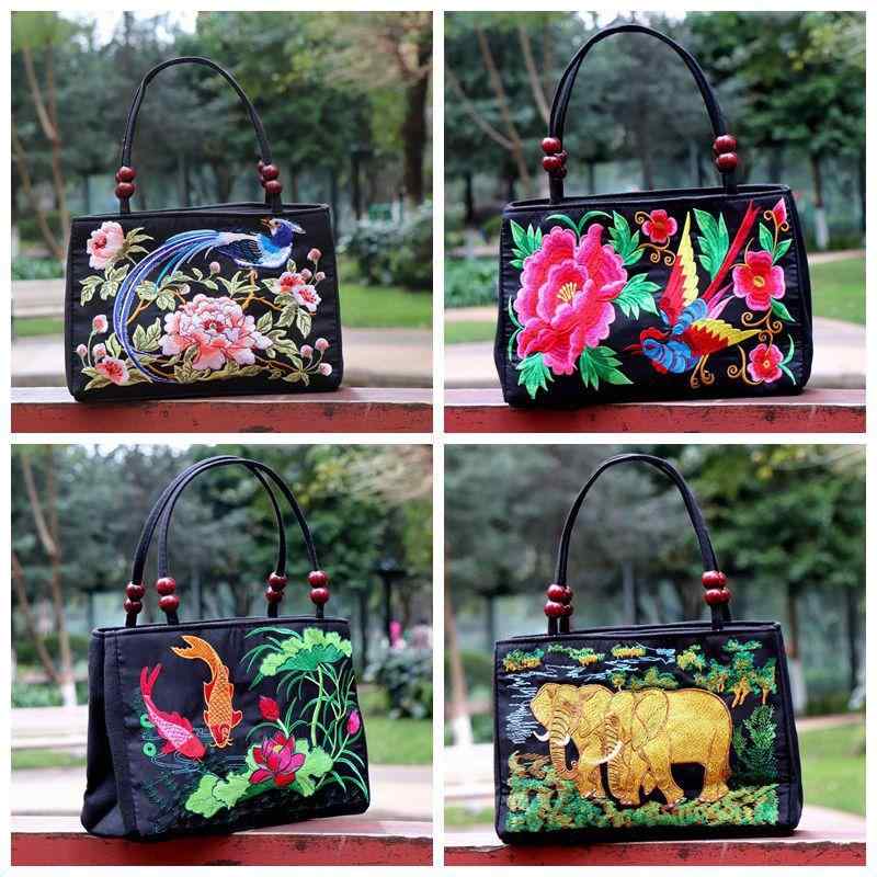 F, H, W - ハンドバッグ レディース エスニック風 木目調ビーズ 刺繍 花柄 ダブルファスナー 帆布 トートバッグ 2WAY仕様 カジュアル 旅行用
