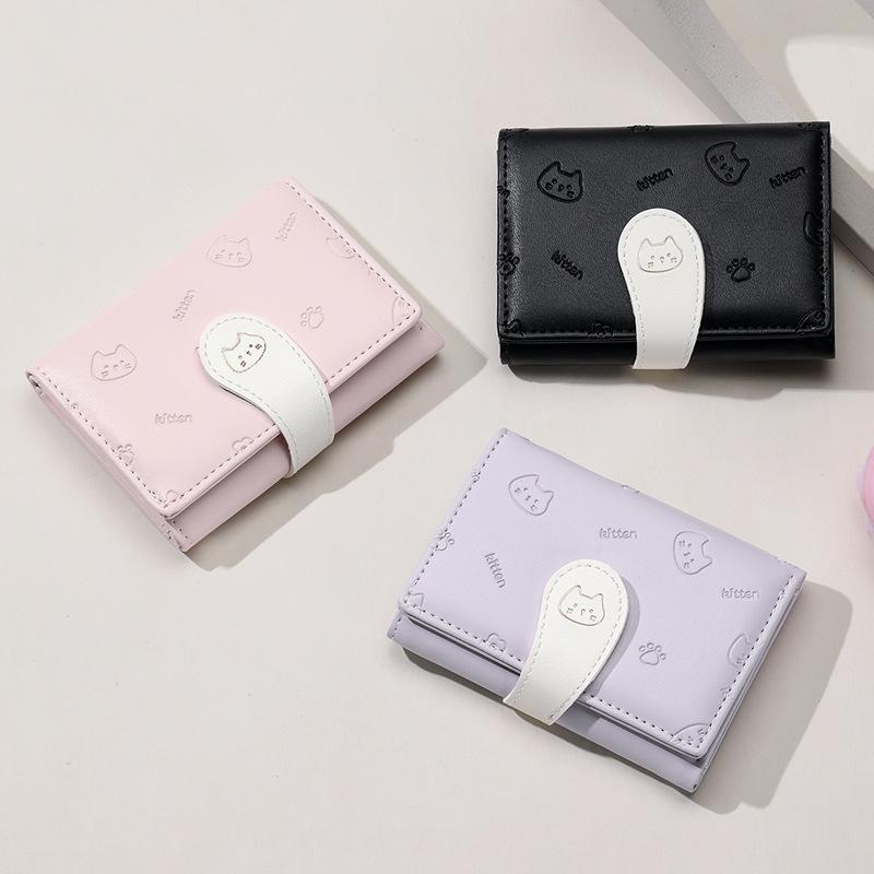 カードケース レディース コインケース 三折 コンパクト ミニ財布 猫 しっぽ ワンポイント かわいい PUレザー 軽量 通学 通勤 収納