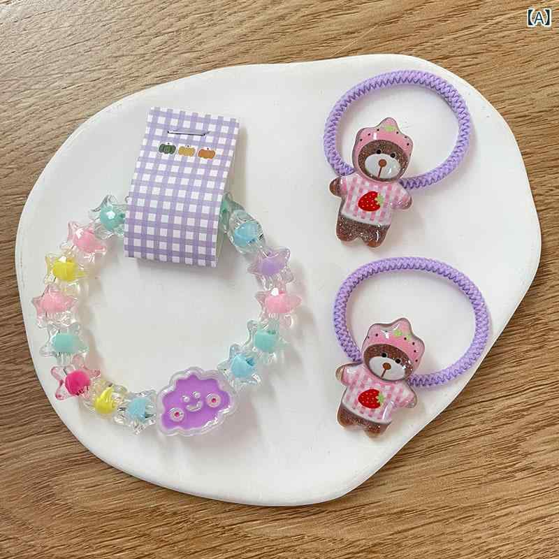 ブレスレット キッズ 女の子 ヘアゴム アクセサリー 3点セット アクリル ビーズ ハンドメイド かわいい キャラクター 髪飾り ヘアクリップめ 子供 ジュニア プチギフト