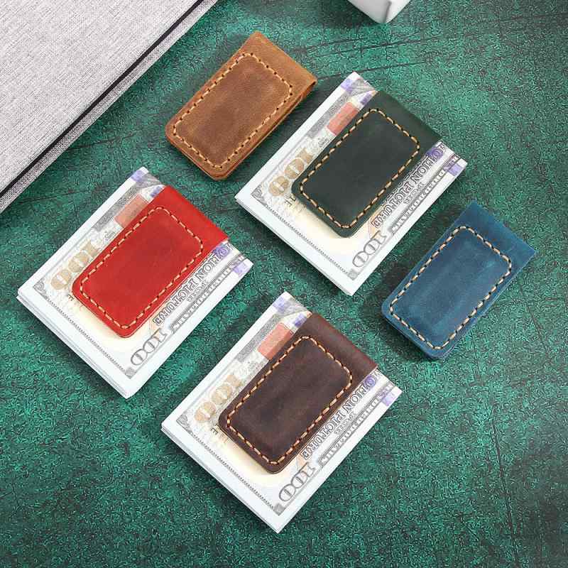 マネークリップ メンズ 磁気 クレイジーホースレザー レトロ ハンドメイド コンパ...