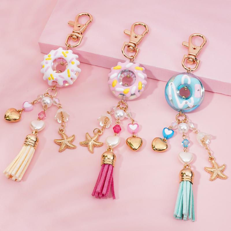 キーホルダー レディース かわいい ドーナツ ハート フリンジ チャーム バッグチャ...