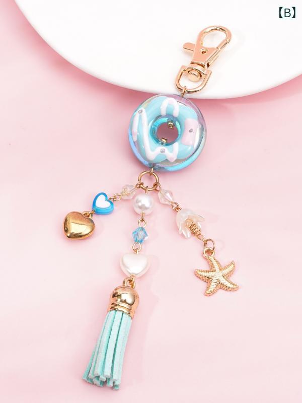 キーホルダー レディース かわいい ドーナツ ハート フリンジ チャーム バッグチャ...