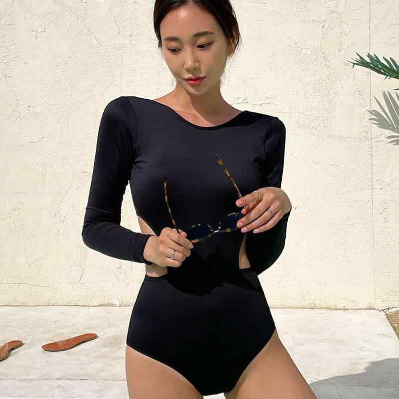水着 レディース ワンピース 体型カバー 長袖 Uネック バックオープン 無地 セクシー 盛れる 日焼け防止 パット付き ブラック オールインワン ビーチウェア
