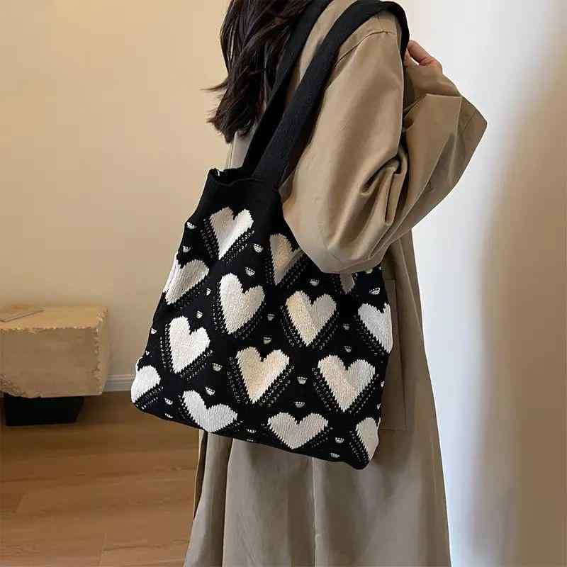 トートバッグ レディース ニットバッグ 手提げ 肩掛け 大容量 A4対応 ハート柄 ニット 編みバッグ カジュアル 通学 通勤用 デイリーユース(4.0)