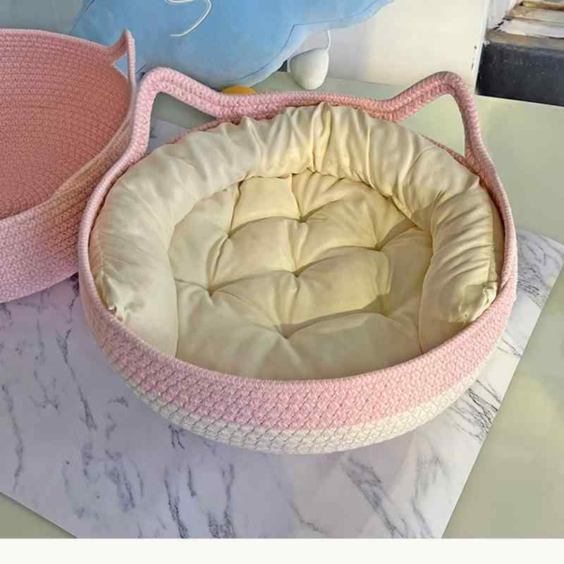 猫ちぐら 猫ベッド ペット用ベッド 四季通用 手編み コットンロープ 猫爪とぎ キャ...