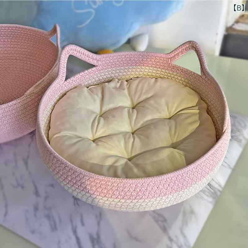 猫ちぐら 猫ベッド ペット用ベッド 四季通用 手編み コットンロープ 猫爪とぎ キャ...