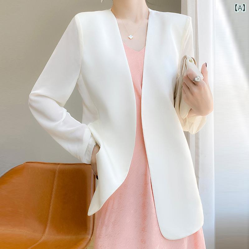 bloomelierのジャケット レディース 春夏 テーラードジャケット Vネック ノーカラー アウター 薄手 羽織り 高級感 カジュアル オフィス 通勤｜アングル2