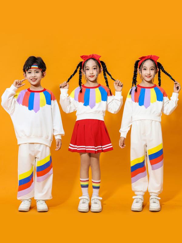セットアップ キッズ 女の子 ガールズ ダンス衣装 ヒップホップ ジャズダンス 長袖 スウェット ミニスカート ロングパンツ 派手 カラフル 発表会 演出服 イベント ステージ衣装 おしゃれ 通気性