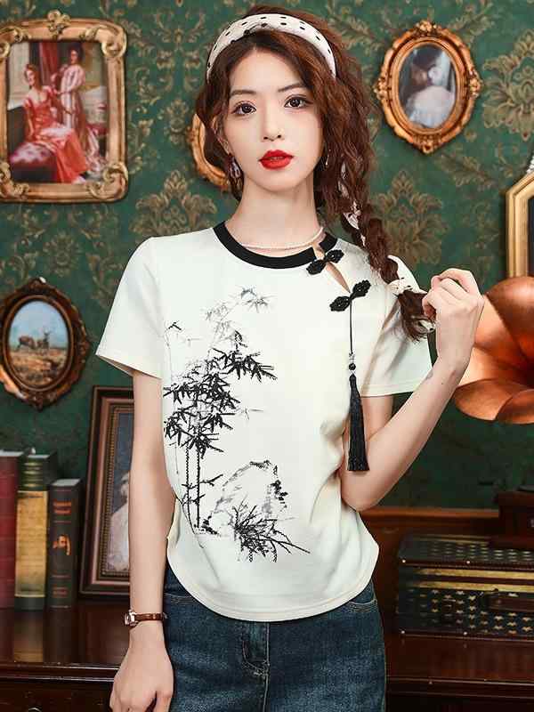 Tシャツ レディース 春夏 半袖 トップス チャイナモダン チャイナ風 刺繍 花柄 立ち襟 プリンセススリーブ ウエストシェイプ ゆったり 大きいサイズ 細見え ベージュ きれいめ オフィス カジュアル
