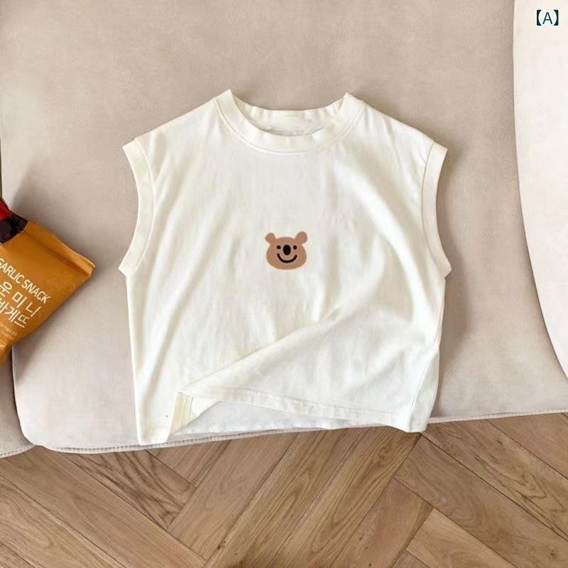 bloomelierのTシャツ キッズ コットン ノースリーブ タンクトップ ノースリーブ トップス 子供服 男の子 女の子 ベビー ジュニア 夏服 薄手 カジュアル かわいい キャラクター プリント 涼しい 丸首 ホワイト ブラック ネイビー 通園 通学｜アングル2