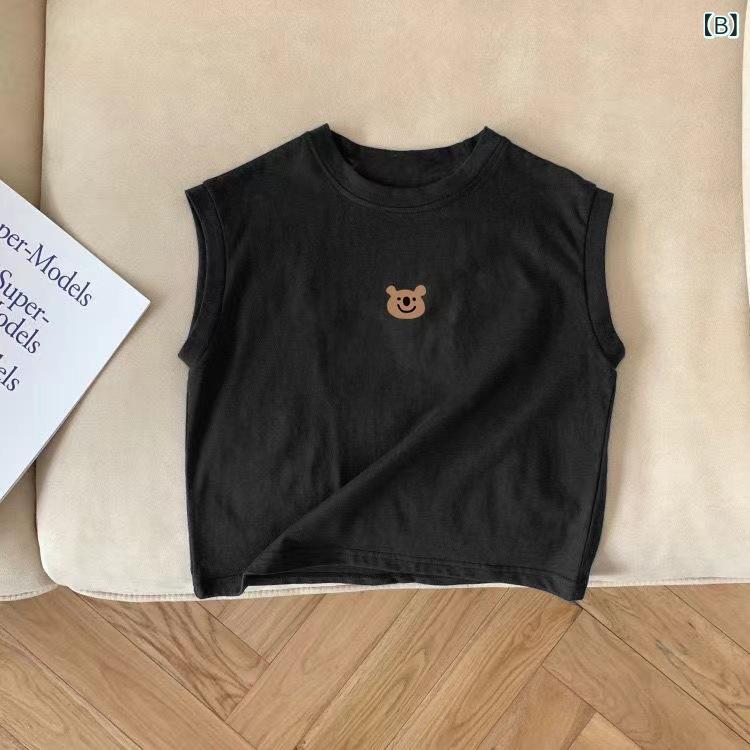 bloomelierのTシャツ キッズ コットン ノースリーブ タンクトップ ノースリーブ トップス 子供服 男の子 女の子 ベビー ジュニア 夏服 薄手 カジュアル かわいい キャラクター プリント 涼しい 丸首 ホワイト ブラック ネイビー 通園 通学｜アングル3