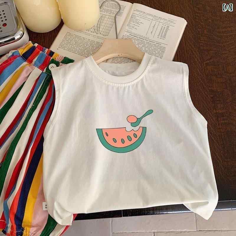 bloomelierのタンクトップ キッズ 夏 ノースリーブ Tシャツ スイカ イラスト プリント 丸首 コットン トップス 子供服 男の子 女の子 かわいい カジュアル｜アングル2