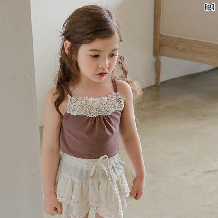 bloomelierのタンクトップ キッズ 女の子 コットン キャミソール レース フリル 薄手 柔らかい ノースリーブ インナー tシャツ トップス 子供服 無地 スクエアネック 夏 涼しい 肌着 通気性 かわいい プリンセス 90 100 110 120 130 140｜アングル3