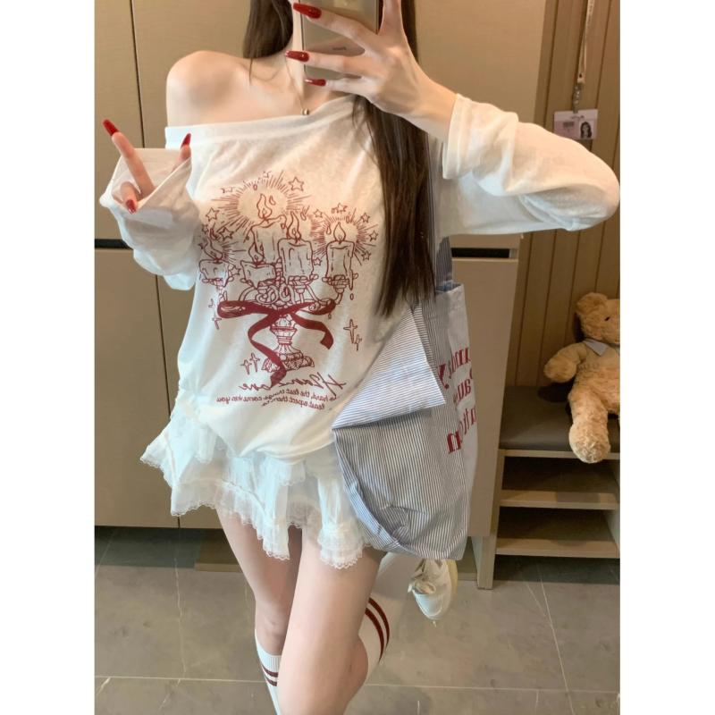 Tシャツ レディース 斜め肩 プリント 長袖 ゆったり シアー素材 接触冷感 薄手 日焼け防止 トップス 韓国風 カジュアル