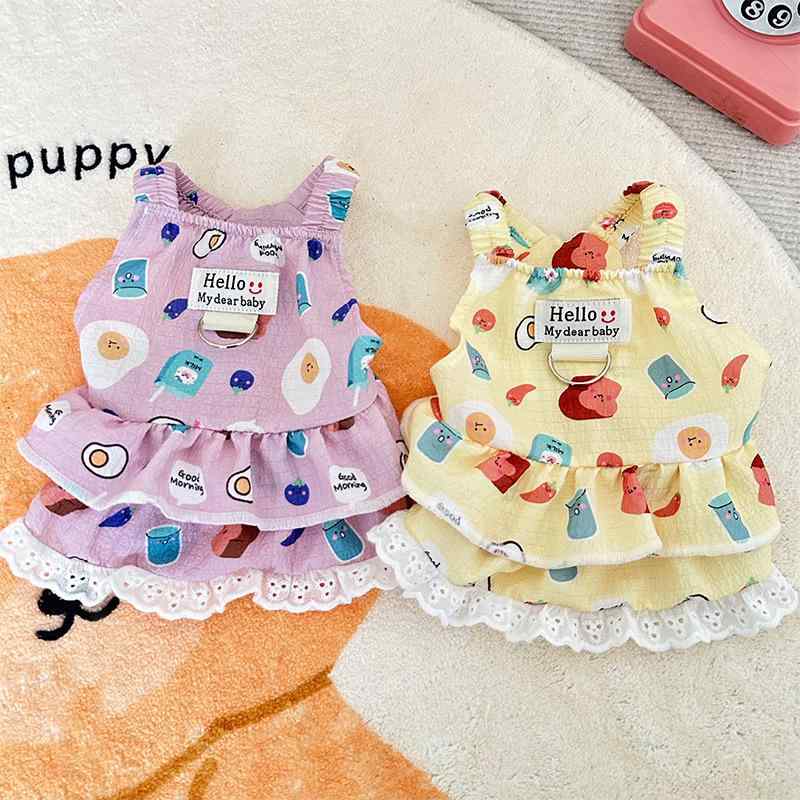 犬の服 キャミソール ワンピース ドッグウェア ペット服 キャミソールワンピース 春夏 薄手 軽量 通気性 綿 コットン かわいい キャラクター フリル ケーキスカート チワワ プードル 小型犬 キャットウェア イエロー ピンク