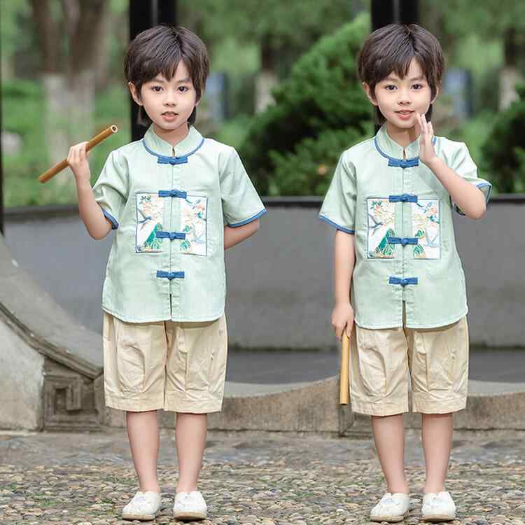 ・カテゴリ: 子供用唐装・民族衣装・対象性別: ボーイズ・主な素材: 綿・素材含有率: 80%・スタイル: チャイニーズスタイル・生地の厚さ: 薄手・カラー展開: ホワイト（半袖）、グリーン（半袖）・サイズ展開: 90cm、100cm、110cm、120cm、130cm、140cm、150cm、160cm・対象年齢: 3〜8歳（身長100〜140cm）