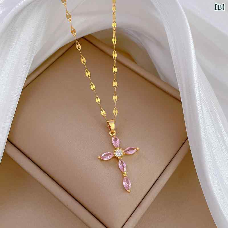 ネックレス レディース チタン 十字架 クロス ゴールド 華奢 キラキラ ジルコニア セレブ風 上品 金属アレルギー対応 41cm 50cm アクセサリー 3