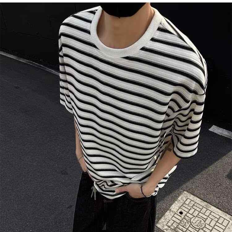 Tシャツ メンズ 春夏 ストライプ 半袖 ゆったり 丸首 通気性 カジュアル プルオーバー 切り替え トップス